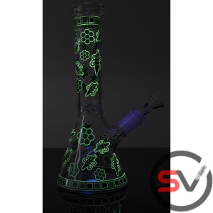 BEES WITH ICE CATCHER GLASS WATER PIPE GREEN 10inch  (GLOW IN DARK)